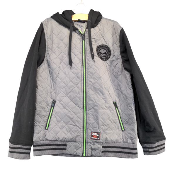 No Fear Men's Full Zip Quilted Hooded Jacket Gray Black Large Nylon Lined - Picture 1 of 16